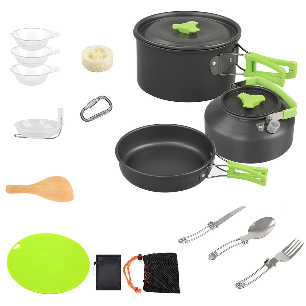 Set de camping 16 piezas – Olla, sartén, platos y cubiertos, ideal para vanlife.