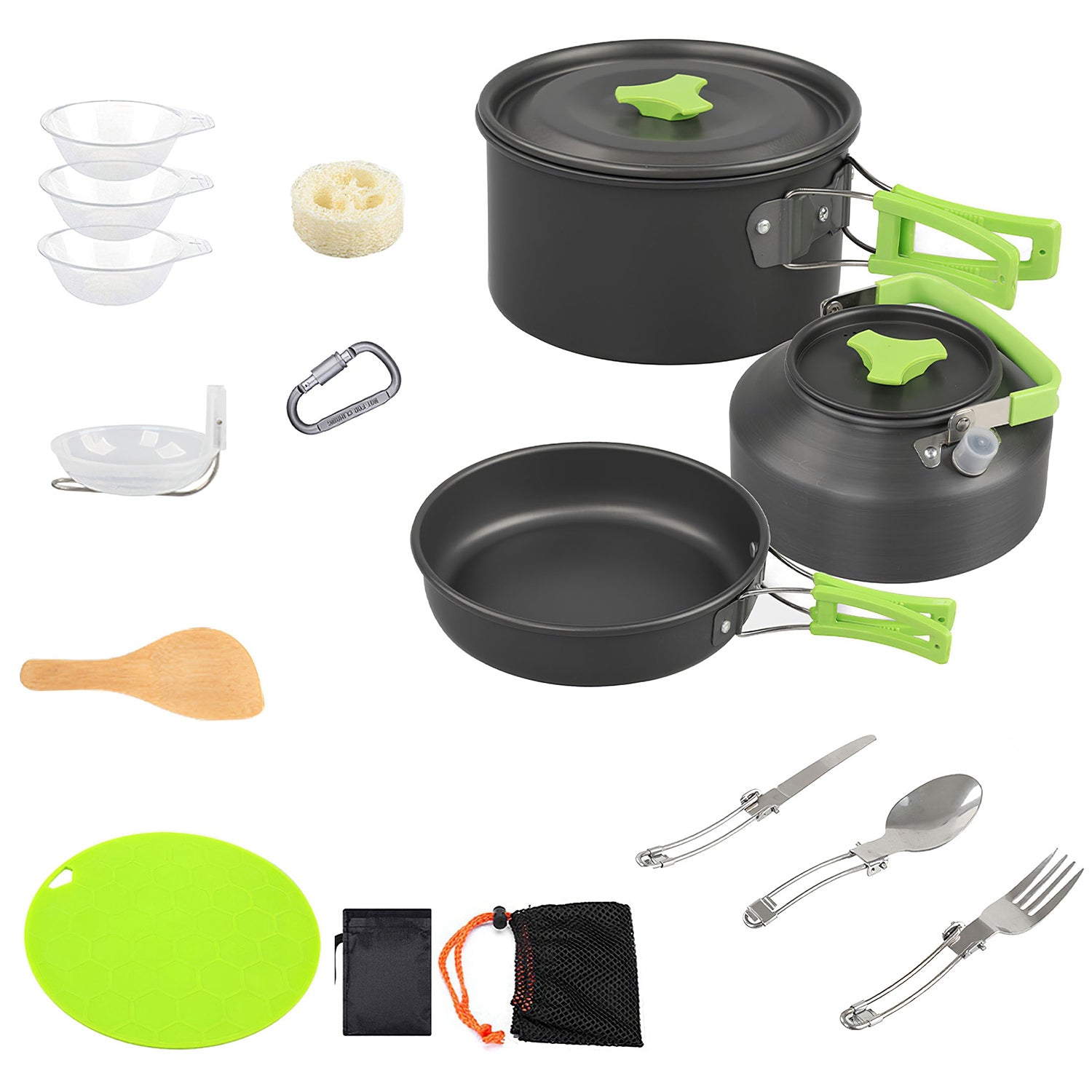 Set de camping 16 piezas – Olla, sartén, platos y cubiertos, ideal para vanlife.