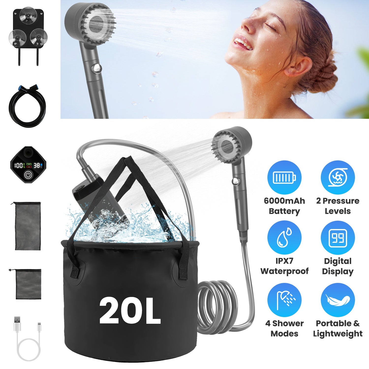 Ducha Portátil 20L Recargable para Camping