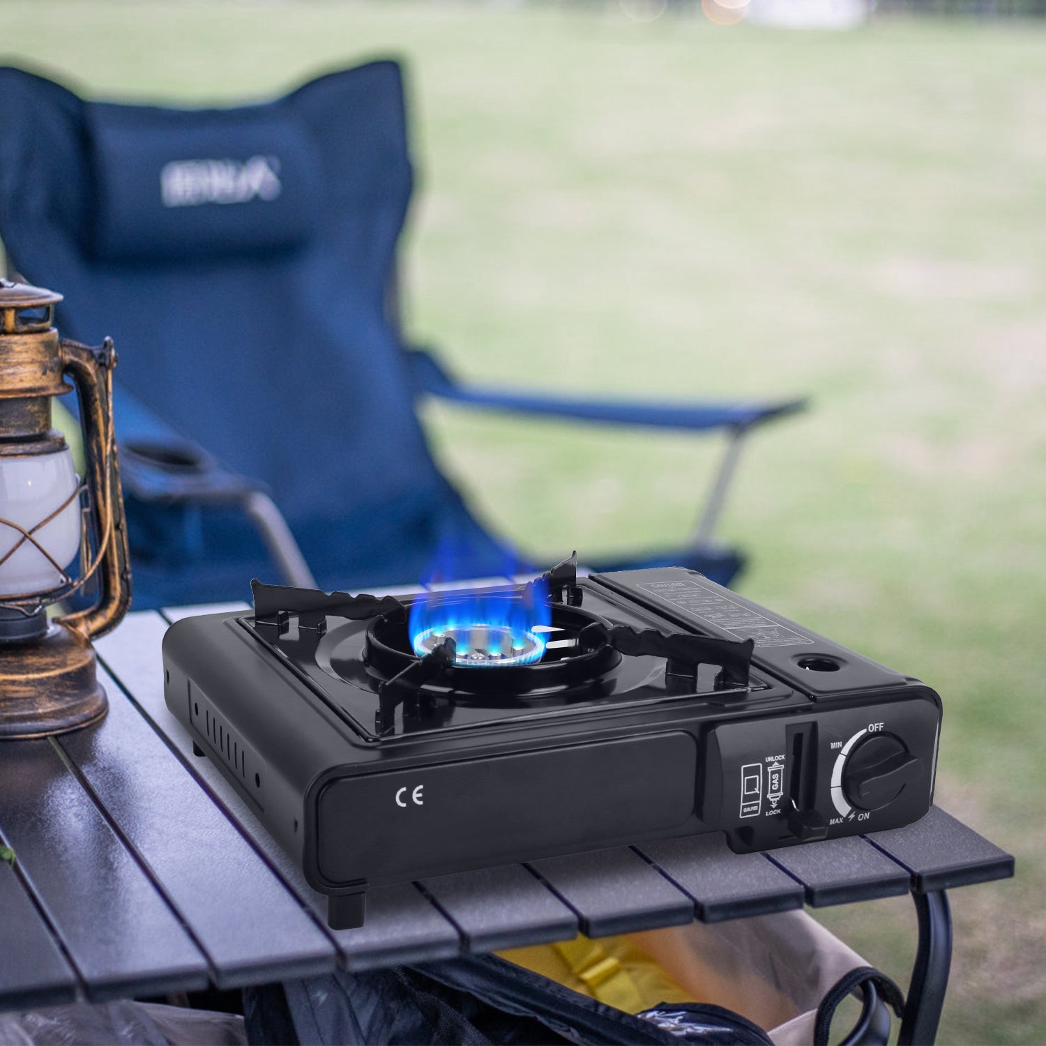 Hornilla portátil de camping 3300W – Butano/propano, encendido piezoeléctrico, estuche incluido