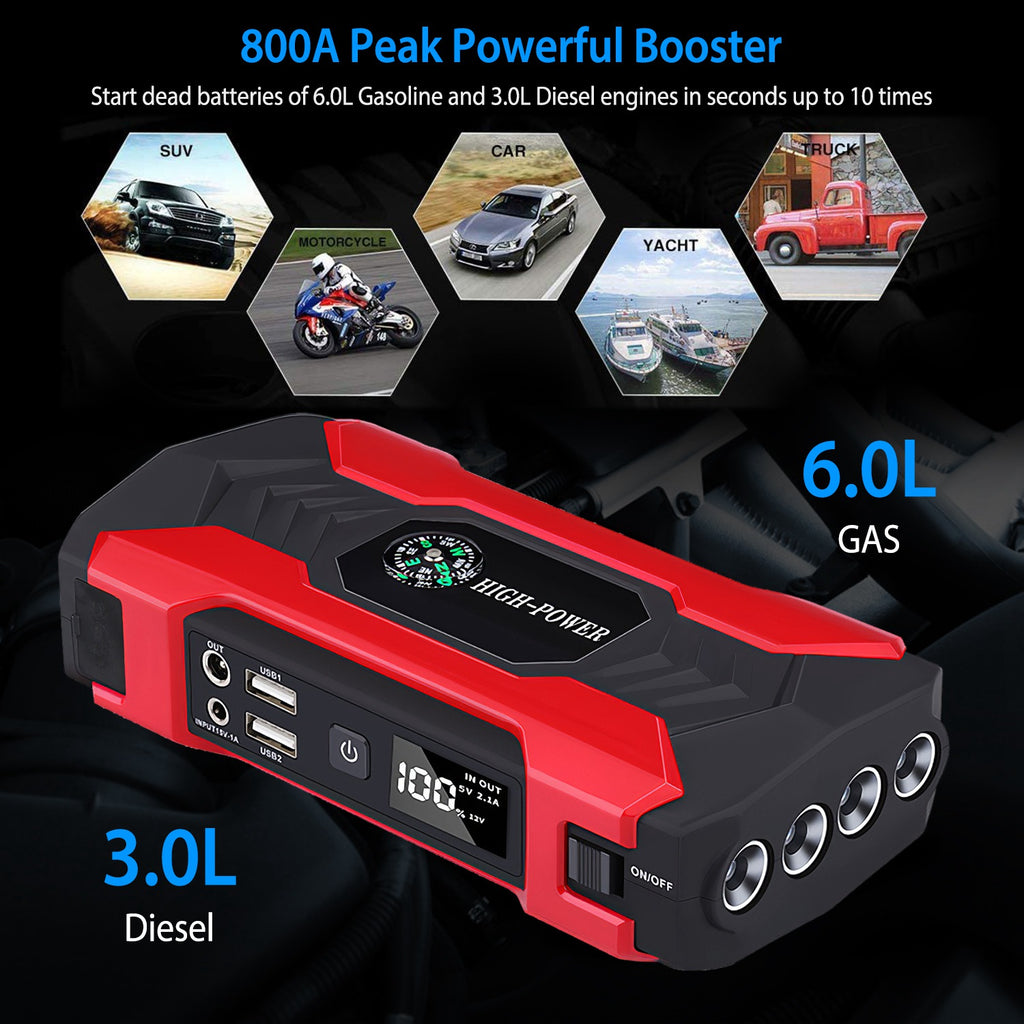 Arrancador portátil 800A / 28000mAh – para motores gasolina 6.0L o diésel 3.0L, pantalla LCD
