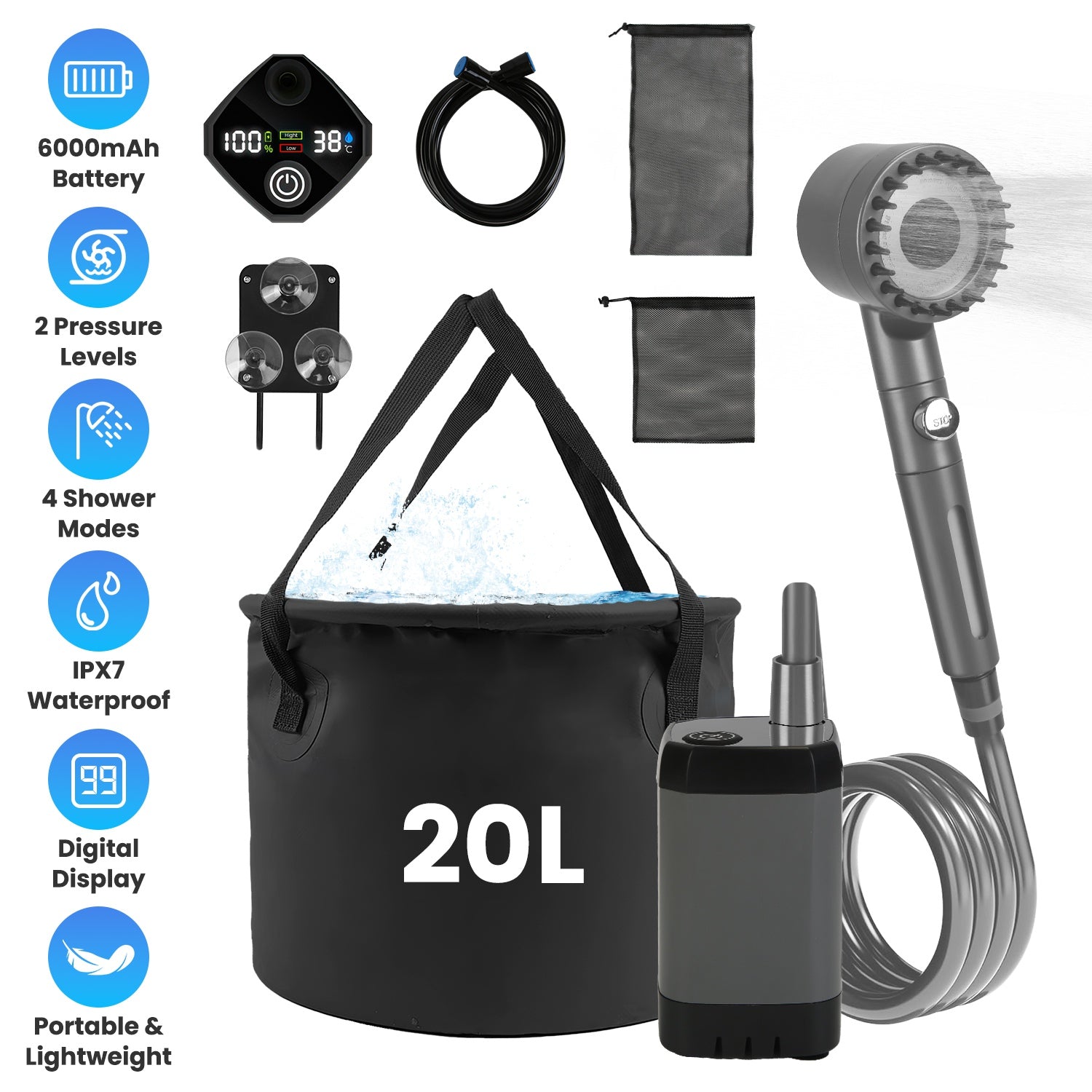 Ducha Portátil 20L Recargable para Camping
