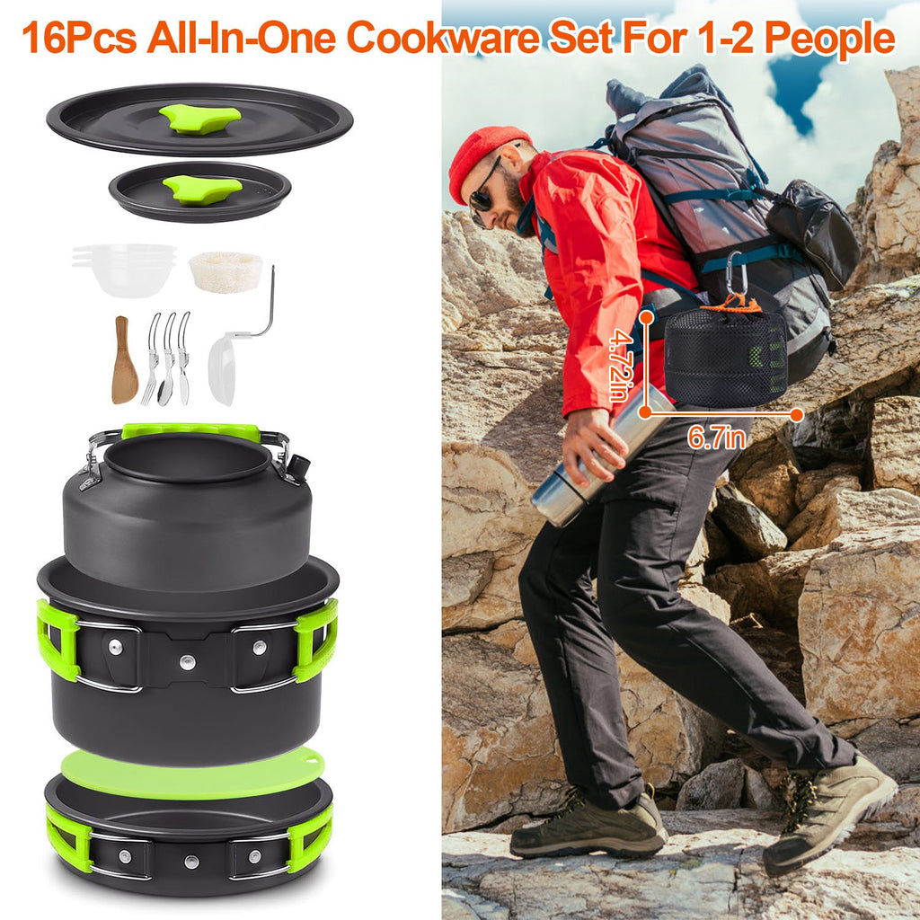 Set de camping 16 piezas – Olla, sartén, platos y cubiertos, ideal para vanlife.