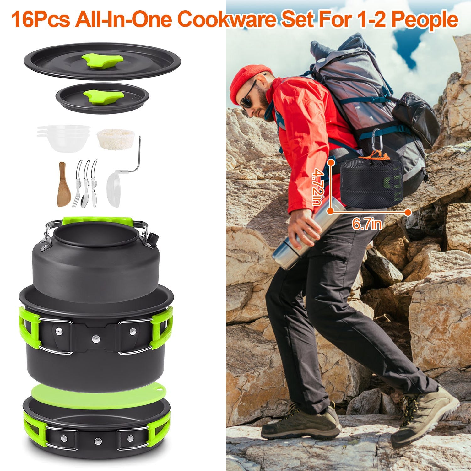 Set de camping 16 piezas – Olla, sartén, platos y cubiertos, ideal para vanlife.