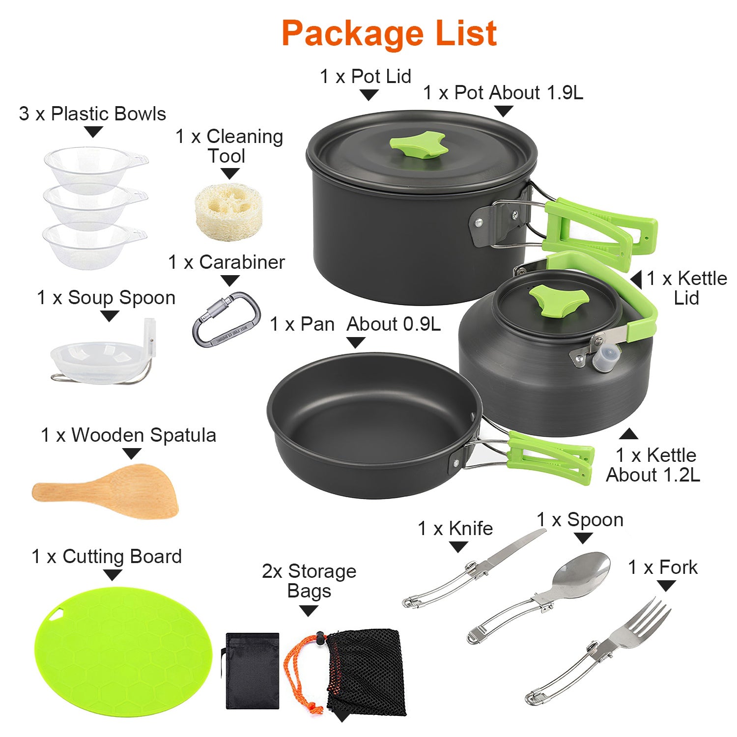 Set de camping 16 piezas – Olla, sartén, platos y cubiertos, ideal para vanlife.