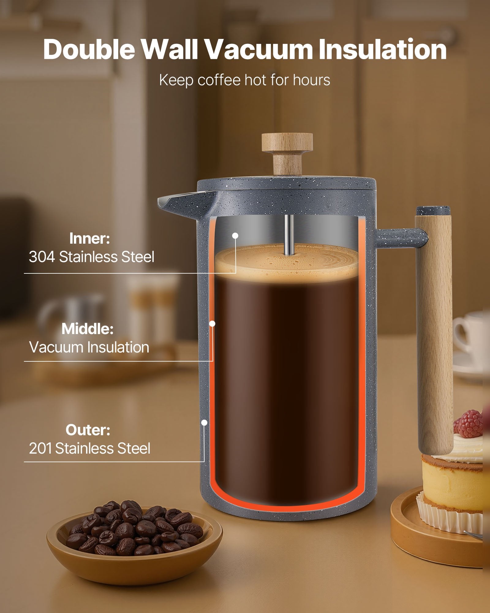 Cafetera francesa portátil 967 ml – Acero inoxidable, café sin máquina
