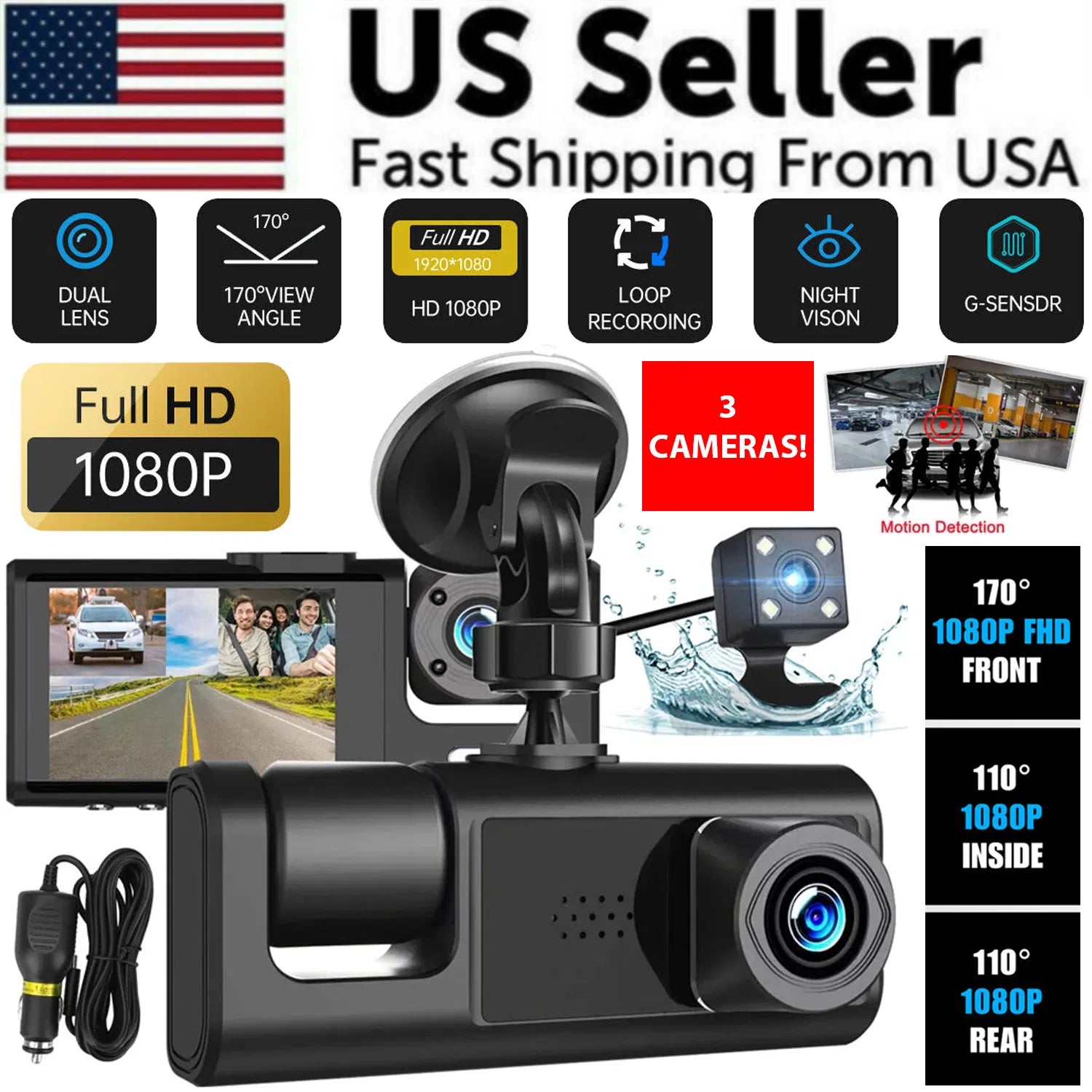 Cámara de tablero triple visión 1080P – Frontal, interior y trasera, visión nocturna, G-Sensor