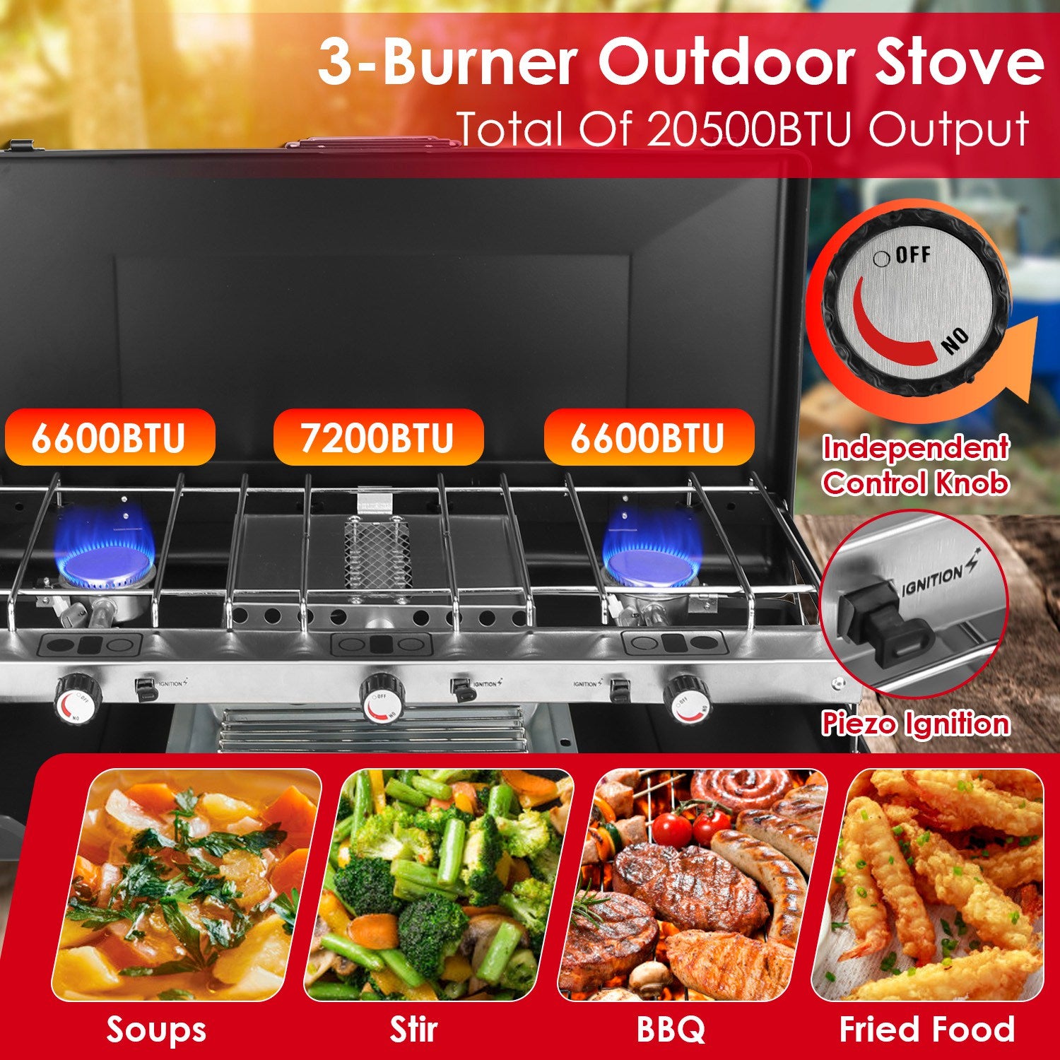 Estufa de camping 3 quemadores – Propano, plegable, con bandeja para tostar