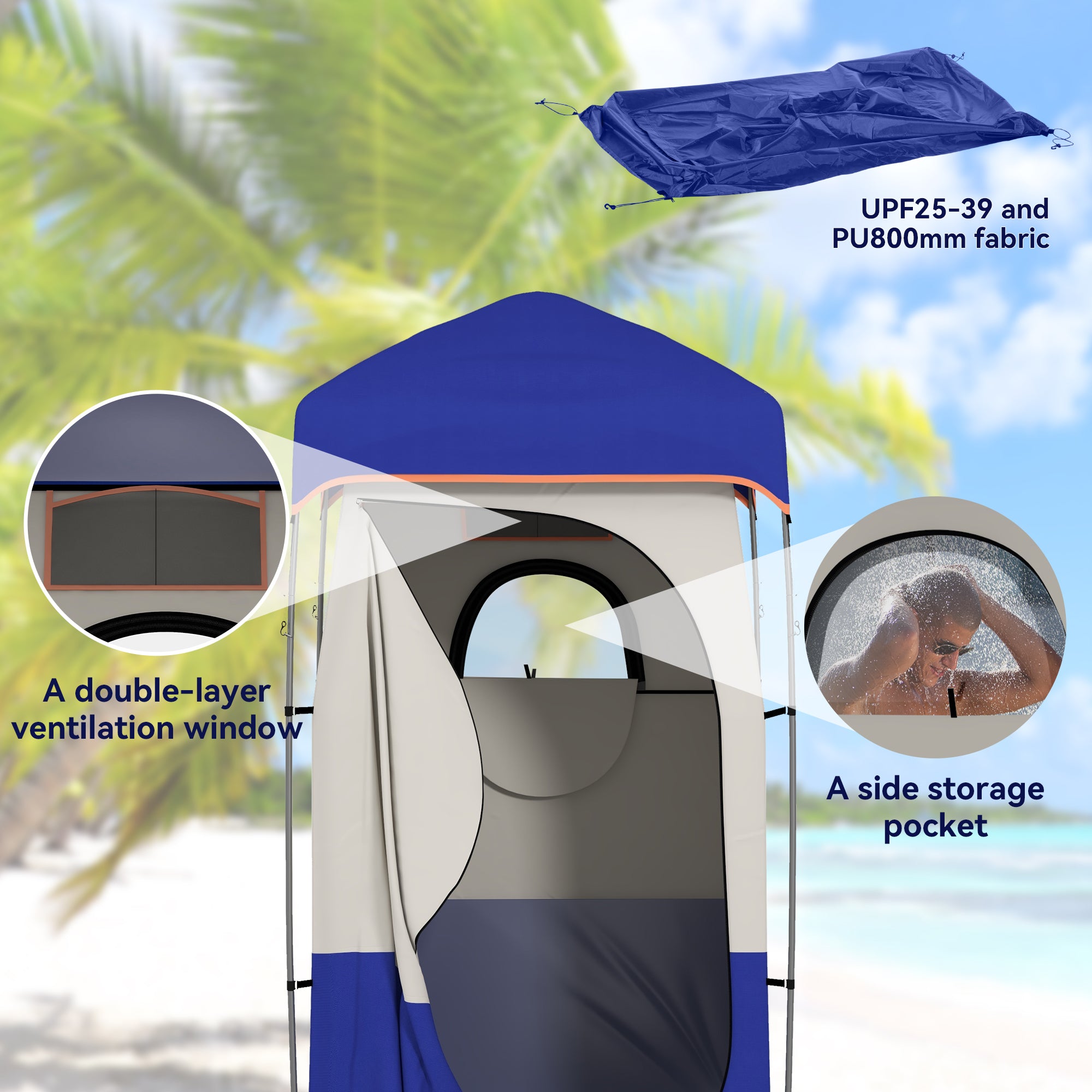 Tienda de ducha portátil para camping – Bolsa solar incluida, azul