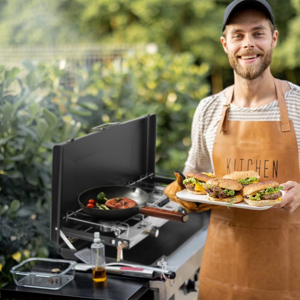 Estufa de camping 3 quemadores – Propano, plegable, con bandeja para tostar