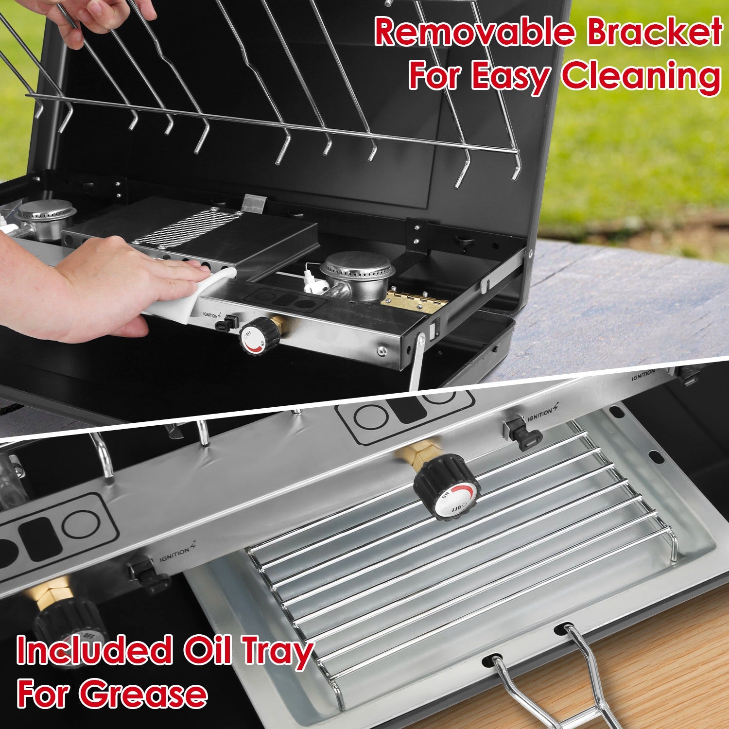 Estufa de camping 3 quemadores – Propano, plegable, con bandeja para tostar