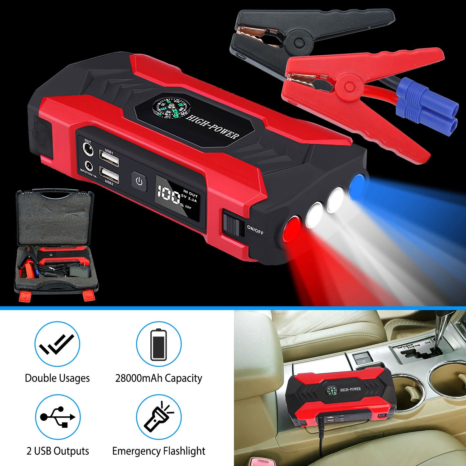 Arrancador portátil 800A / 28000mAh – para motores gasolina 6.0L o diésel 3.0L, pantalla LCD