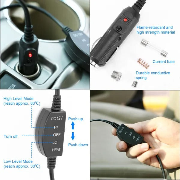 Cojín calefactor 12V para asiento de auto – Calor en espalda y glúteos, control de temperatura ajustable
