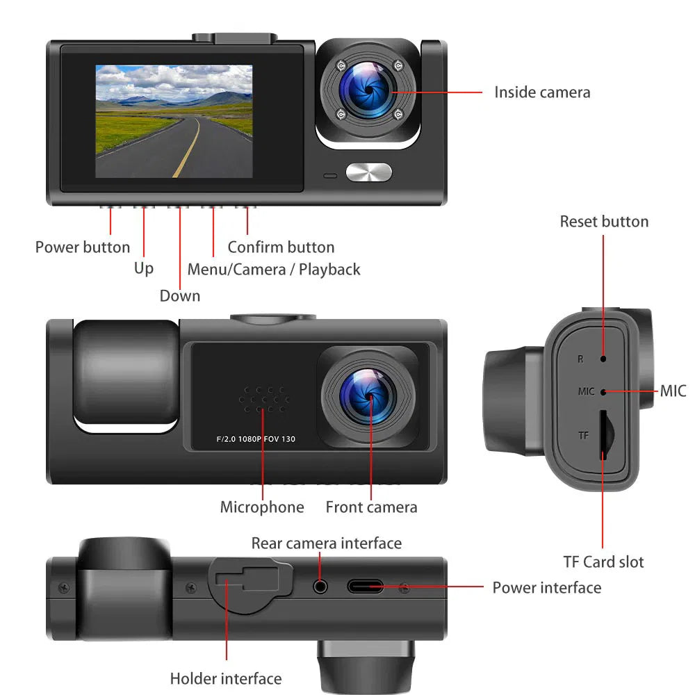 Cámara de tablero triple visión 1080P – Frontal, interior y trasera, visión nocturna, G-Sensor