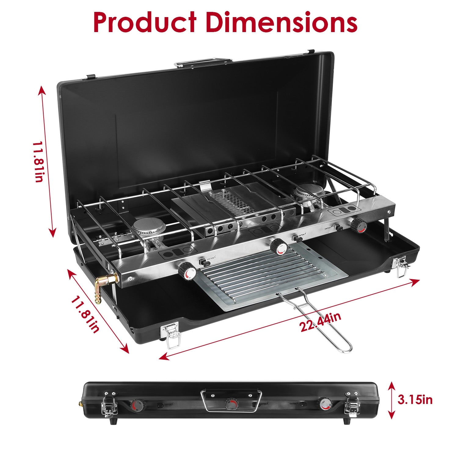 Estufa de camping 3 quemadores – Propano, plegable, con bandeja para tostar