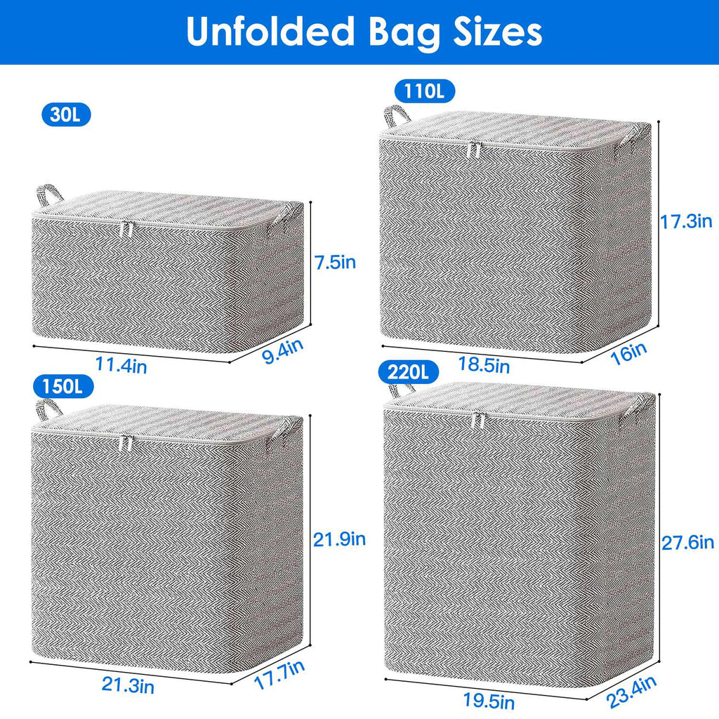 Set 4 bolsas plegables 30L a 220L – Organizadores con tapa a prueba de polvo y cremallera