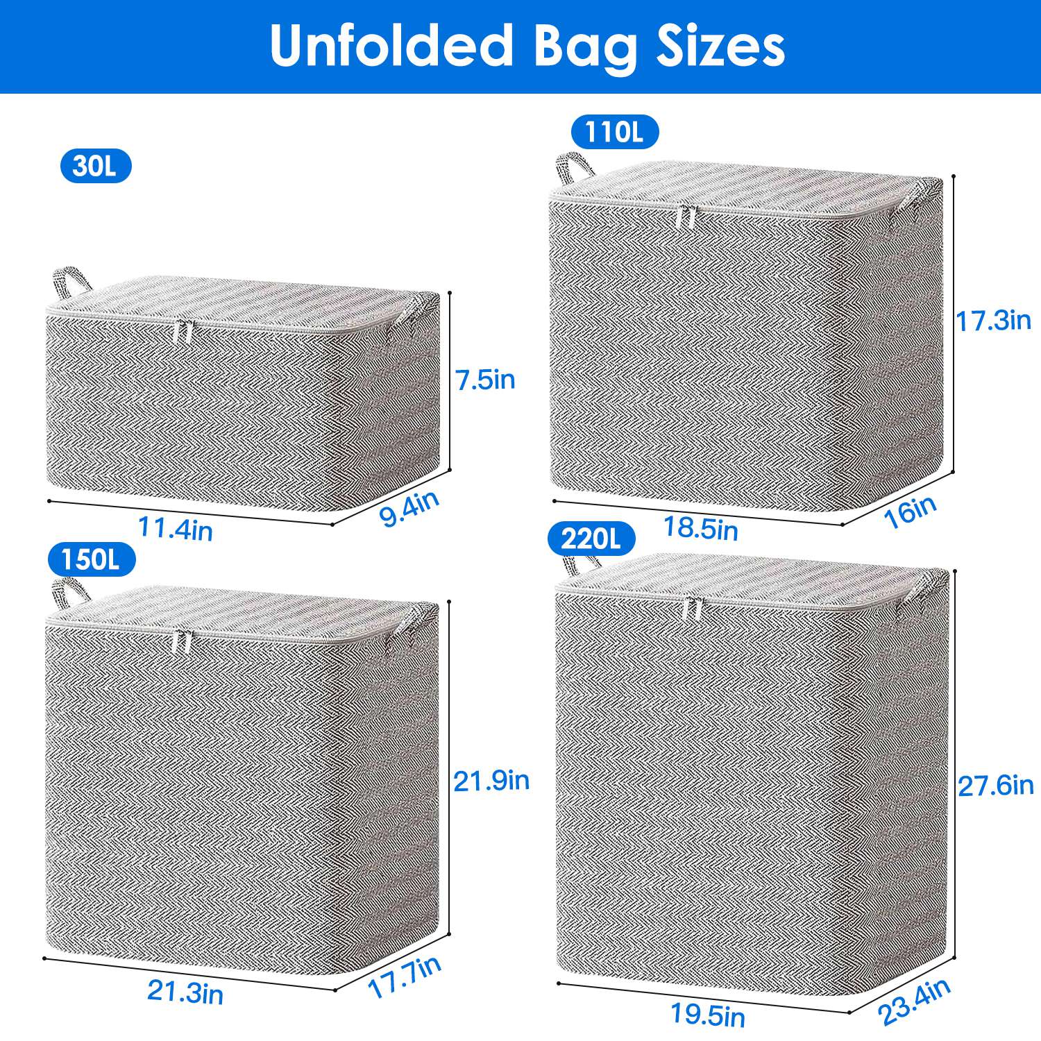 Set 4 bolsas plegables 30L a 220L – Organizadores con tapa a prueba de polvo y cremallera