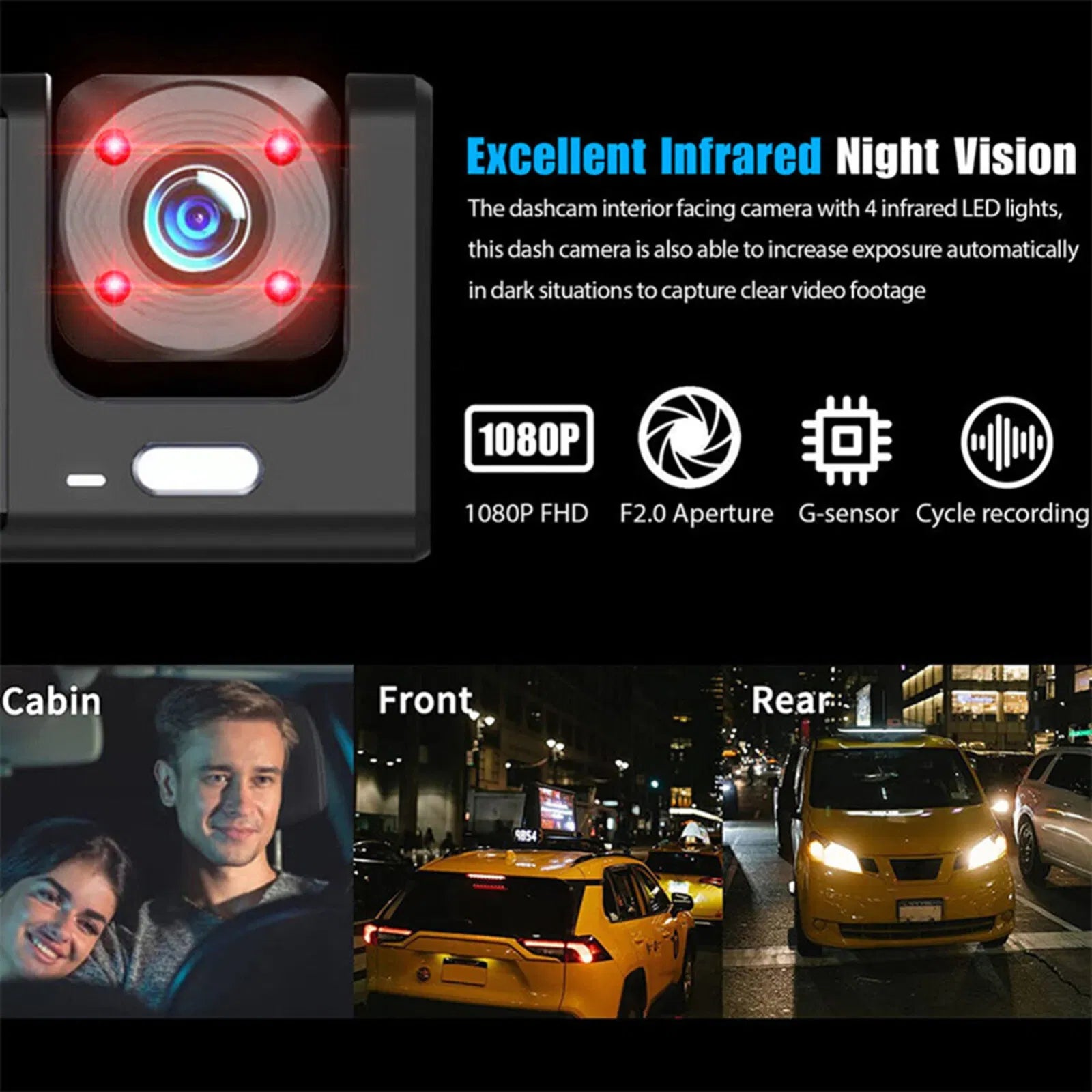 Cámara de tablero triple visión 1080P – Frontal, interior y trasera, visión nocturna, G-Sensor