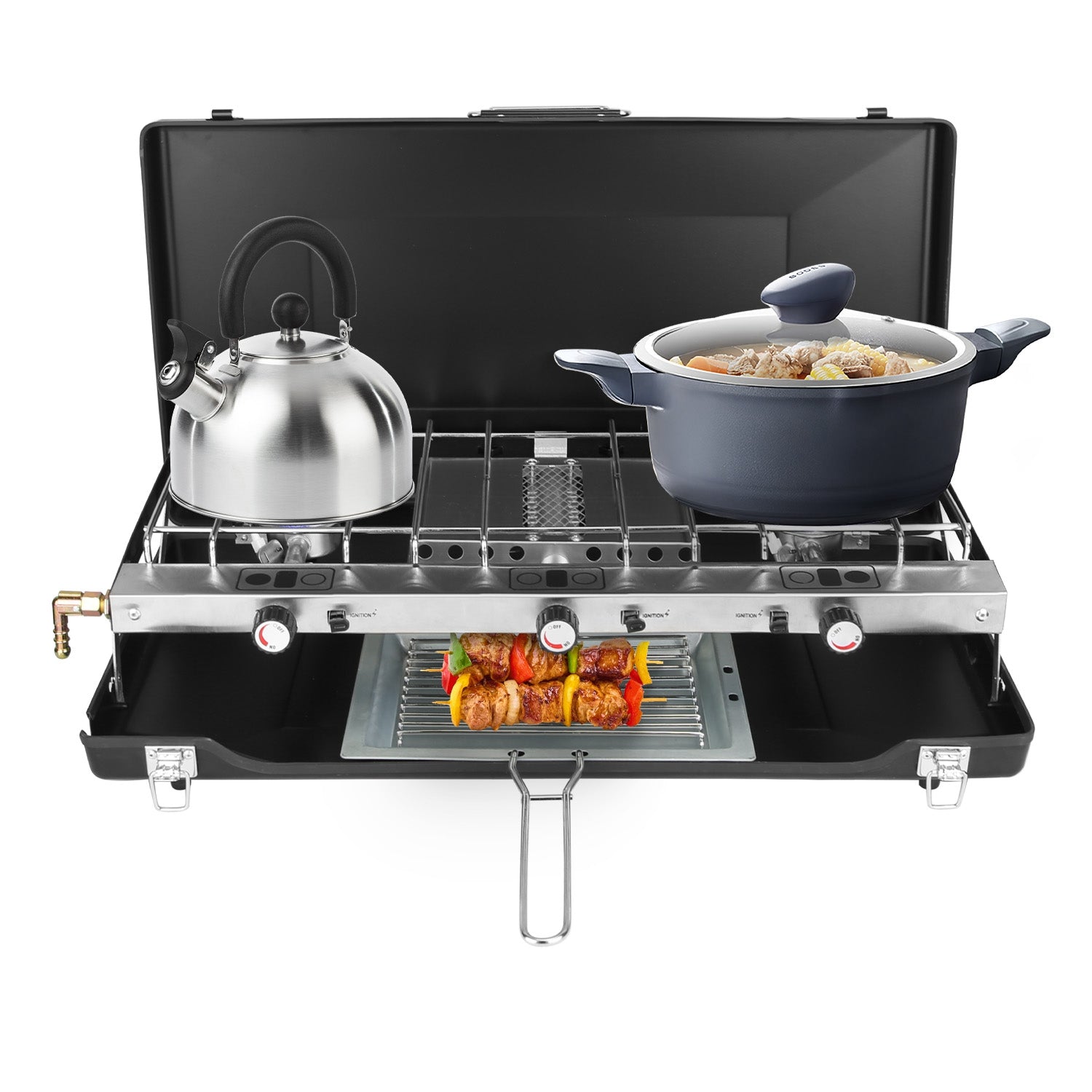 Estufa de camping 3 quemadores – Propano, plegable, con bandeja para tostar