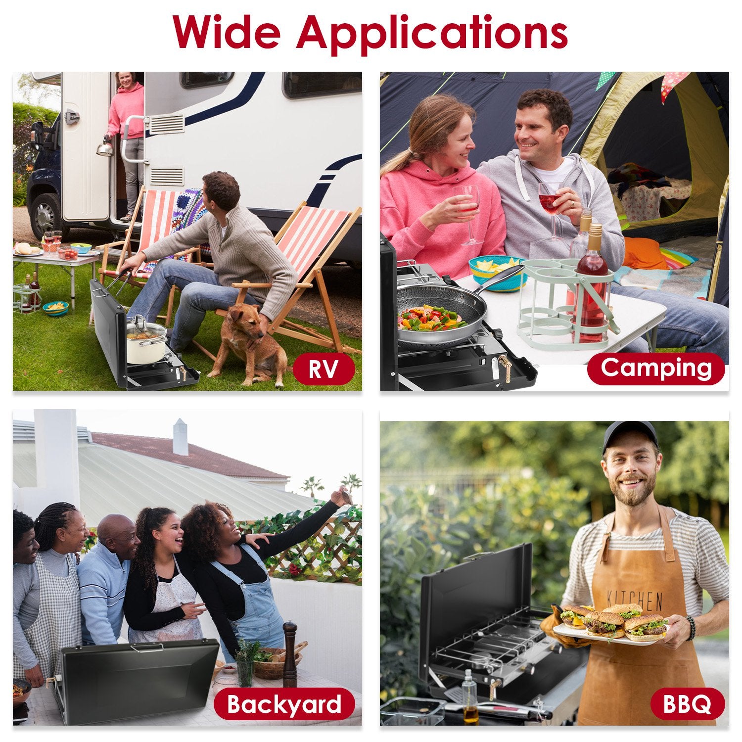Estufa de camping 3 quemadores – Propano, plegable, con bandeja para tostar