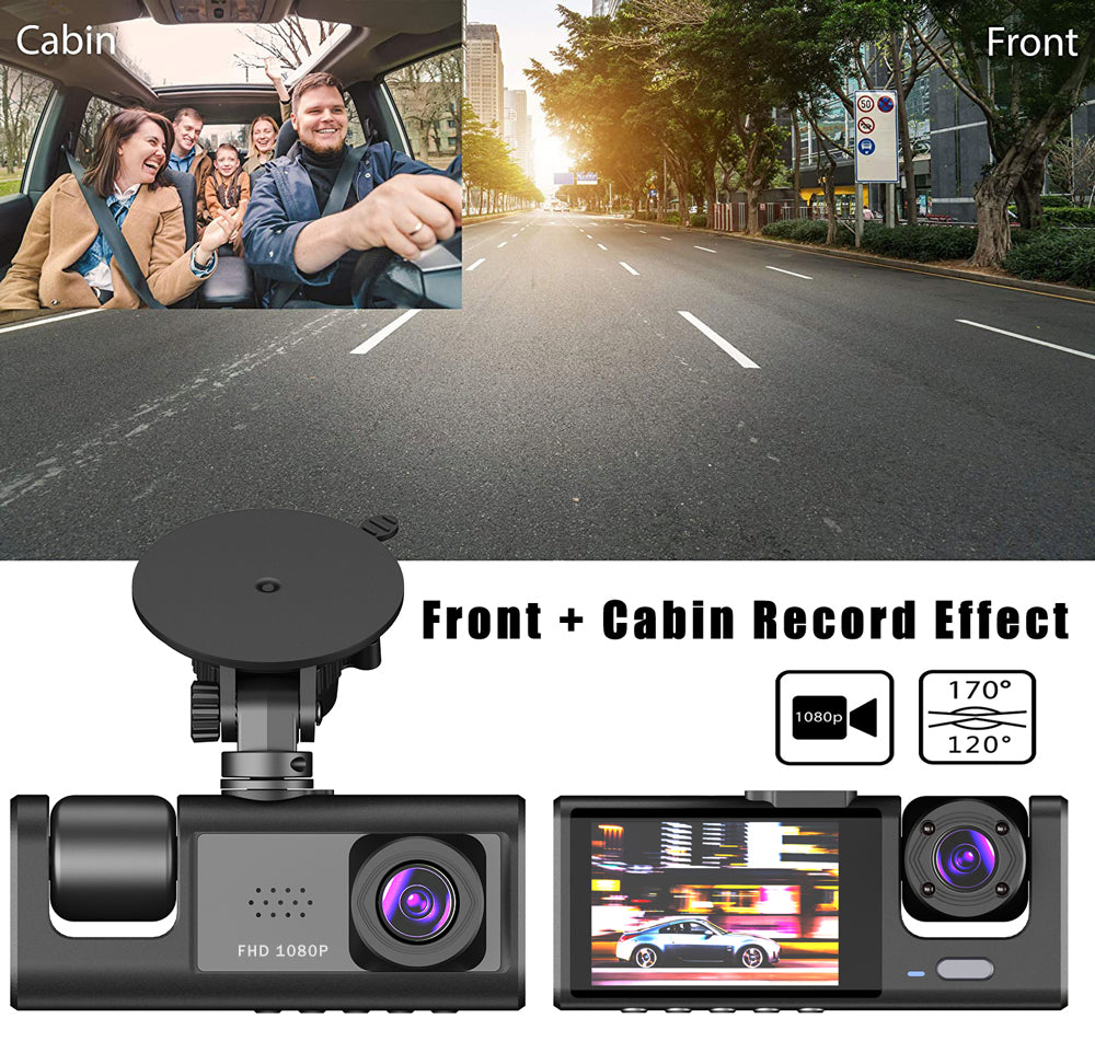 Cámara de tablero triple visión 1080P – Frontal, interior y trasera, visión nocturna, G-Sensor