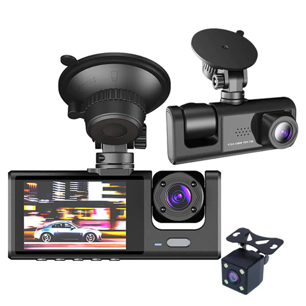 Cámara de tablero triple visión 1080P – Frontal, interior y trasera, visión nocturna, G-Sensor