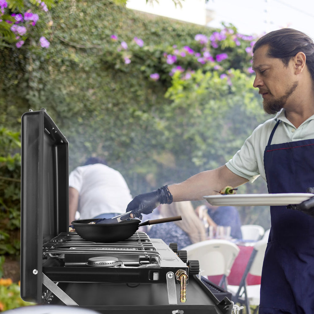 Estufa de camping 3 quemadores – Propano, plegable, con bandeja para tostar