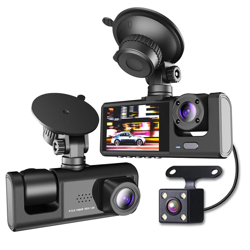 Cámara de tablero triple visión 1080P – Frontal, interior y trasera, visión nocturna, G-Sensor