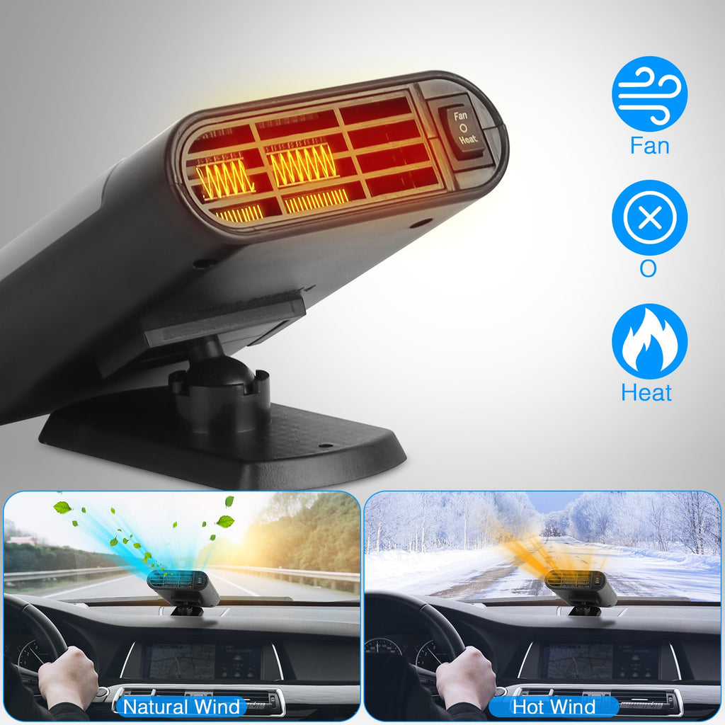 Calefactor y ventilador para auto 12V – Desempañador + base 360°