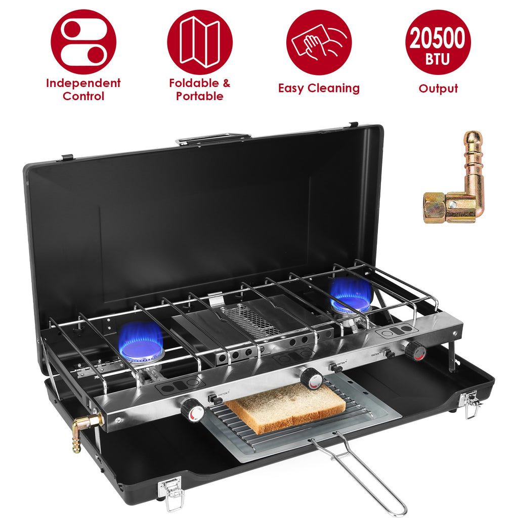 Estufa de camping 3 quemadores – Propano, plegable, con bandeja para tostar