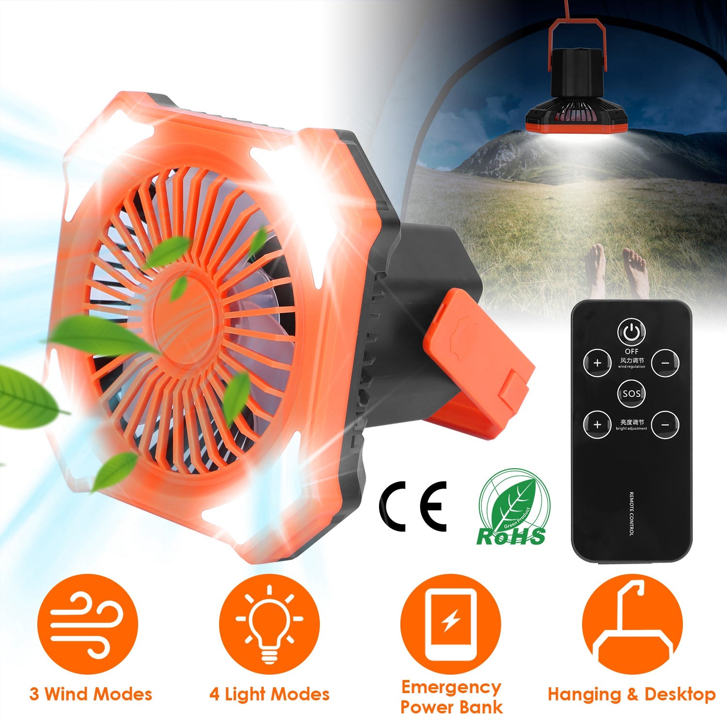 Ventilador Solar 3 en 1 con Luz para Camping